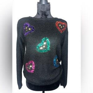 Vintage PRIVATE PARTY Black Sweater with Colorful Sequin Heart Accents- Medium